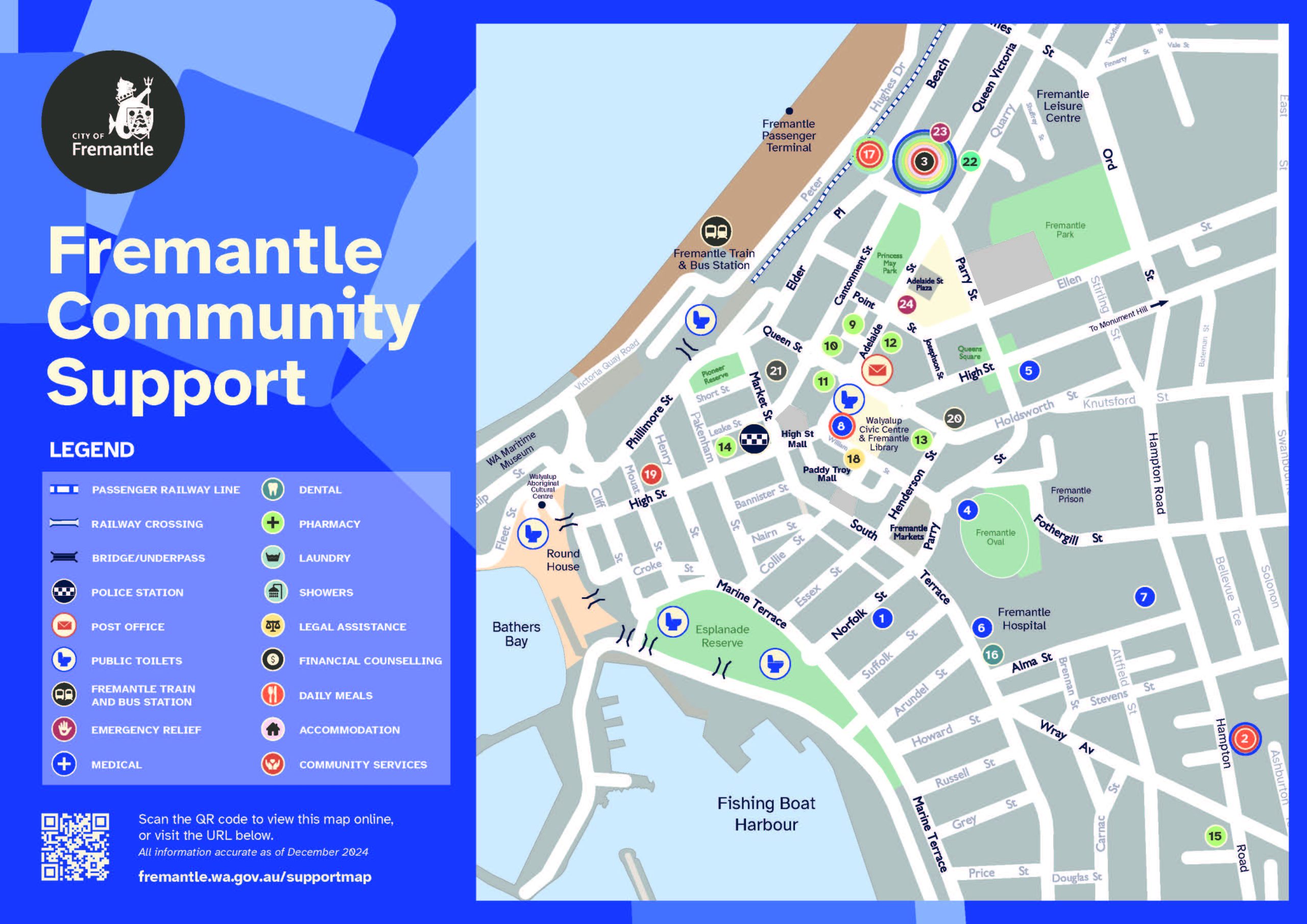 A map of Fremantle highlighting community support services