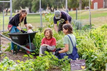 A diverse group working together in a vibrant garden, planting flowers and tending to plants.