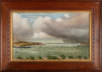 A framed painting of a stormy seascape shows choppy green waves, a dramatic cloudy sky, a lighthouse on a distant shore, and several small boats on the water. Grassy land appears in the foreground.