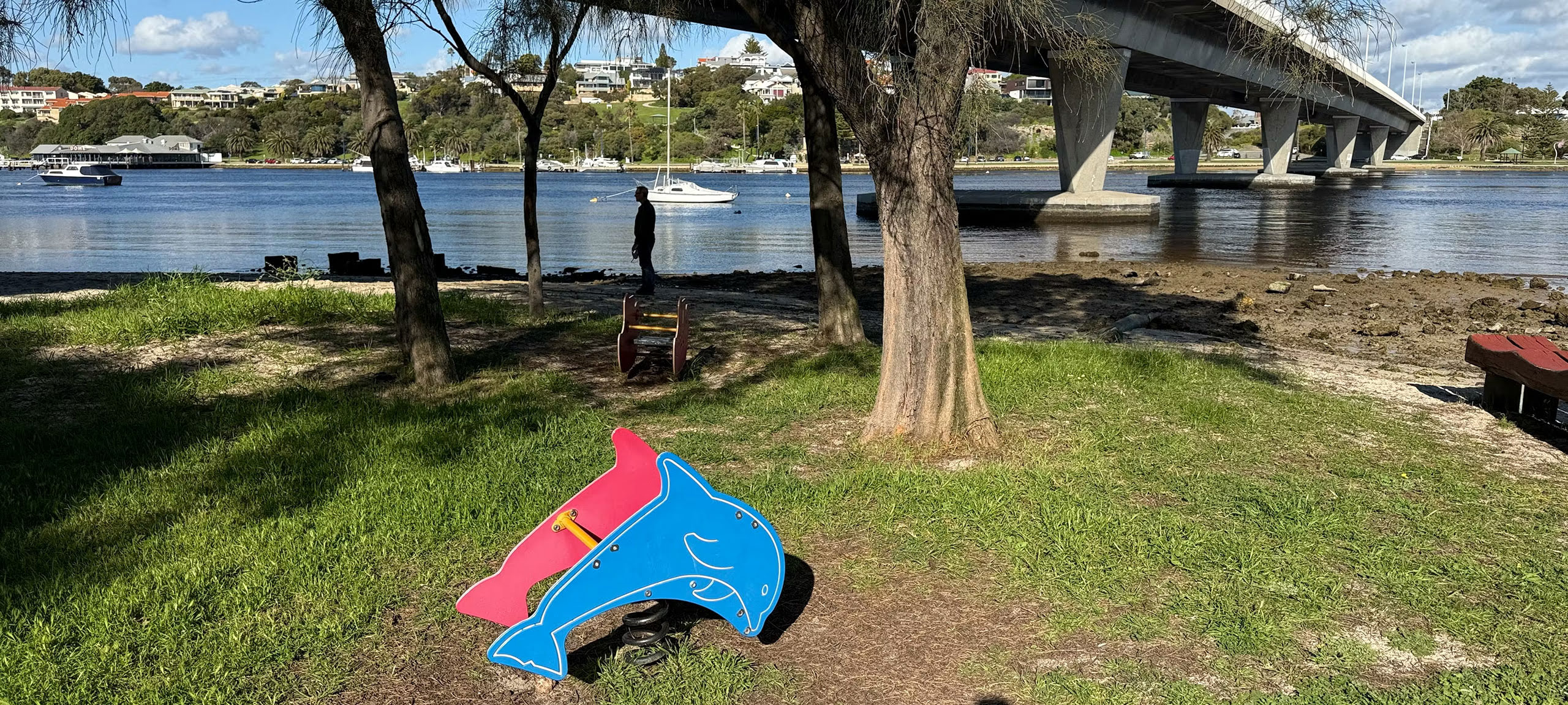 A playground dolphin spring rider sits on grass near a riverbank, with a bridge, boats, and houses visible across the water; trees provide partial shade in the foreground.