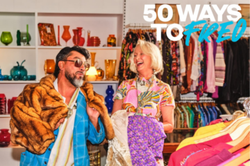 A man and woman joyfully try on colorful vintage clothes in a thrift store, surrounded by eclectic decor. White text over the corner reads 50 WAYS TO FRED with FRED highlighted in bright blue.