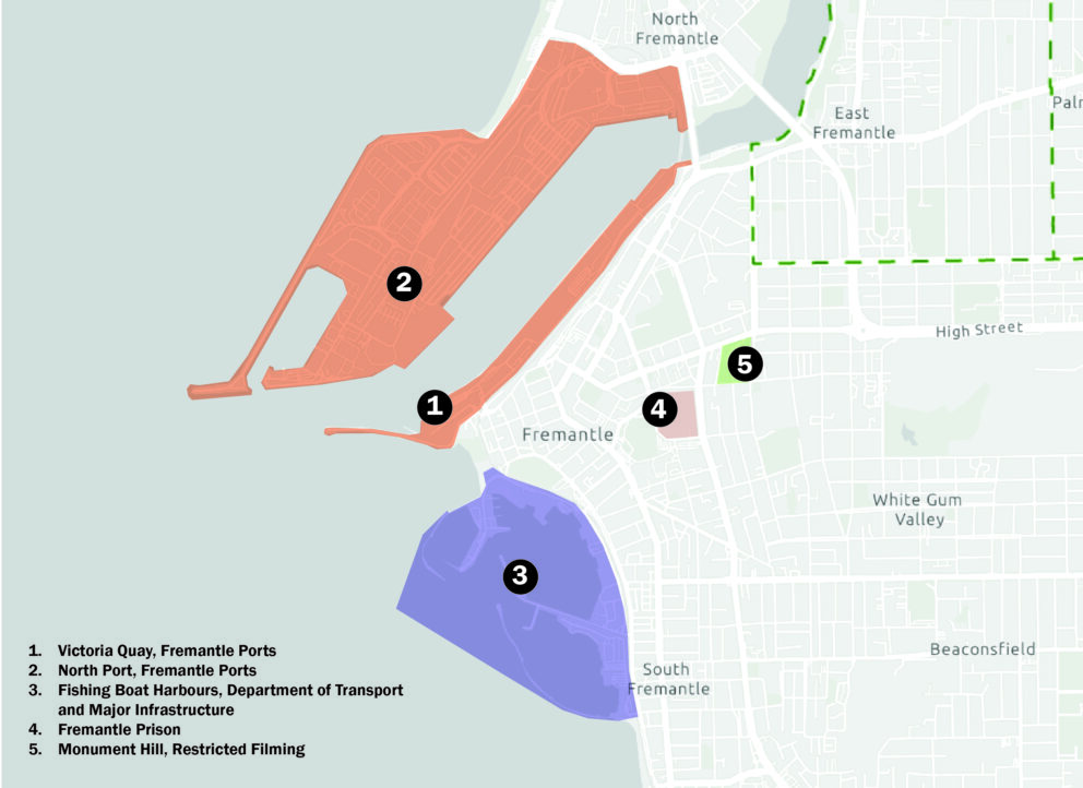 A map of Fremantle highlights the Victoria Quay and North Port areas in red (1, 2), the Fremantle Prison area in blue (3), and marks two sites (4, 5) near downtown and Monument Hill. A numbered legend explains each area.