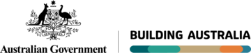 The logo shows the Australian Government crest with a kangaroo and emu, and the words Australian Government. Next to it, text reads Building Australia above a row of colored bars.