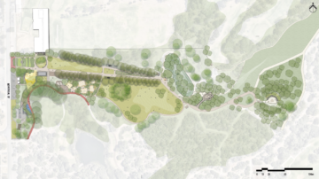 Landscape site plan showing paths, open grassy areas, groups of trees, a river on the right, a building on the left, and various garden or park features. Scale and north arrow are included at the bottom right.