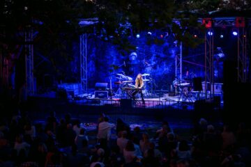 A musician plays keyboard on an outdoor stage lit with blue and purple lights at night, while an audience sits on the grass watching the performance.