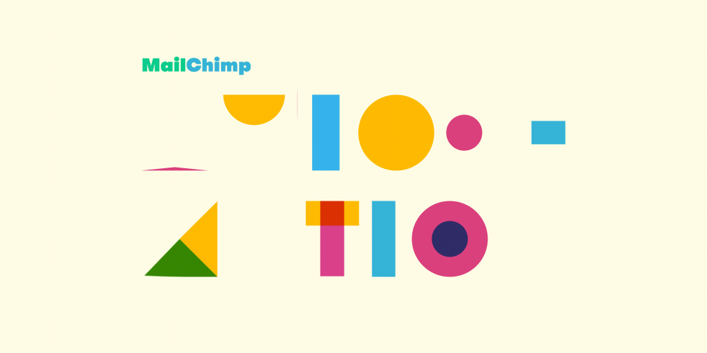 MailChimp logo above colorful geometric shapes on a cream background, forming an abstract, playful design. The shapes include circles, squares, triangles, and rectangles in yellow, pink, blue, and green.